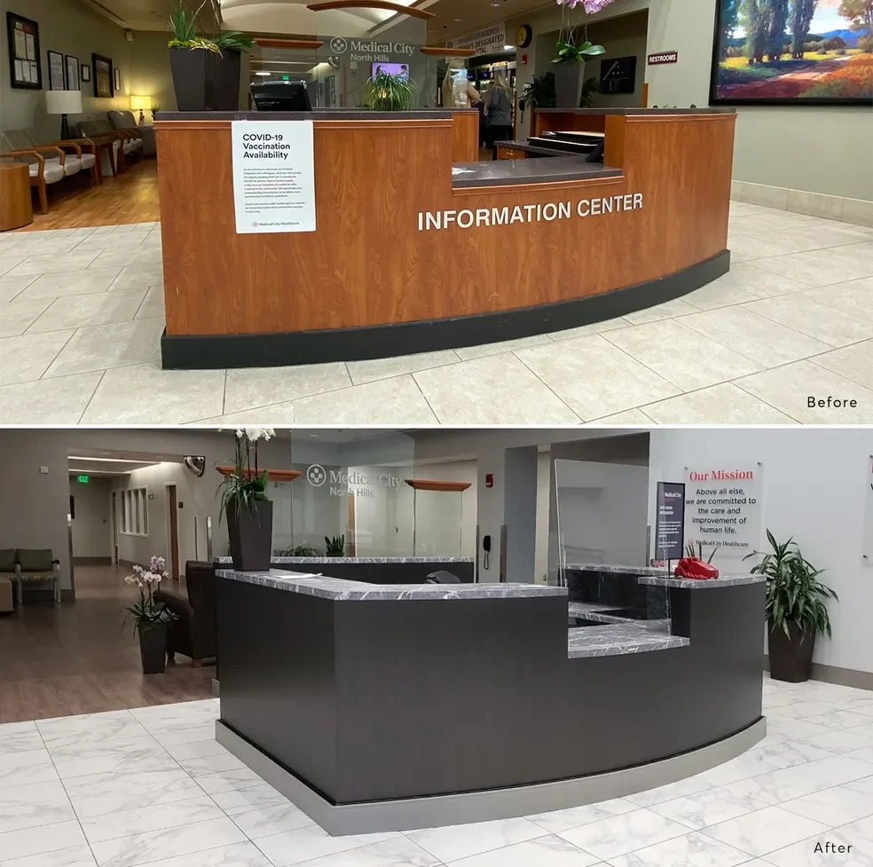 Architectural Wraps installation crew applying wall graphics in an occupied commercial office, zone-based renovation with no business closure