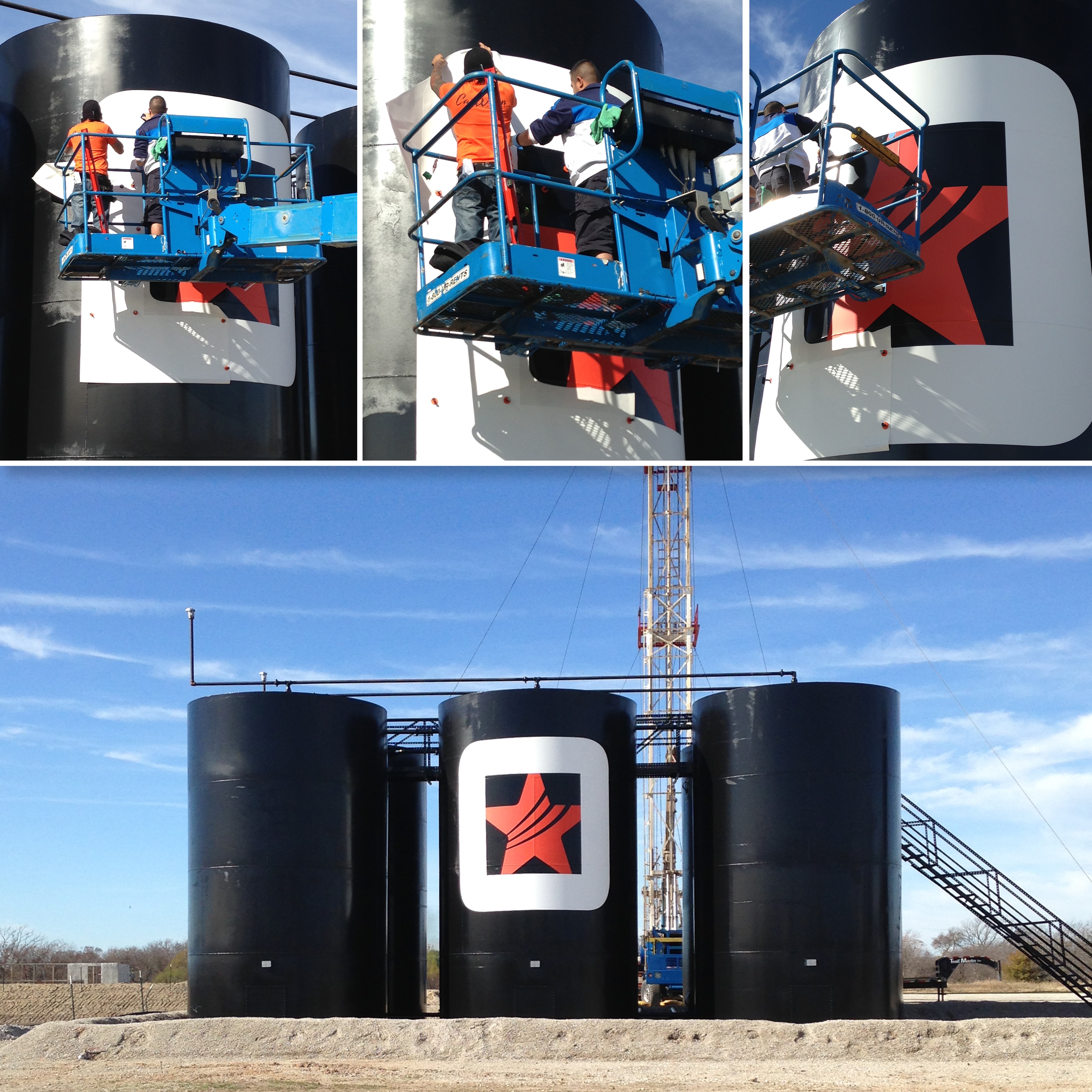 Large-scale industrial storage tank exterior wrap installation with branded graphics by Architectural Wraps Texas