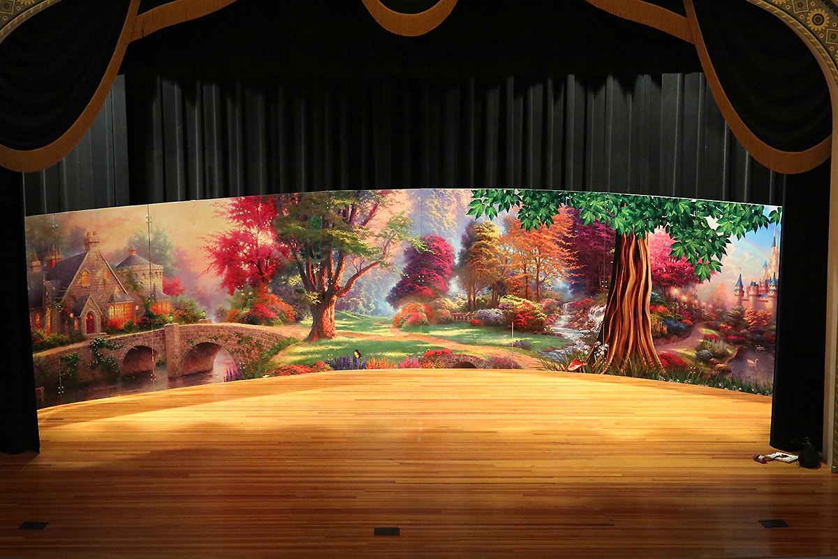 Montessori school auditorium stage backdrop large-format mural with fantasy landscape by Architectural Wraps