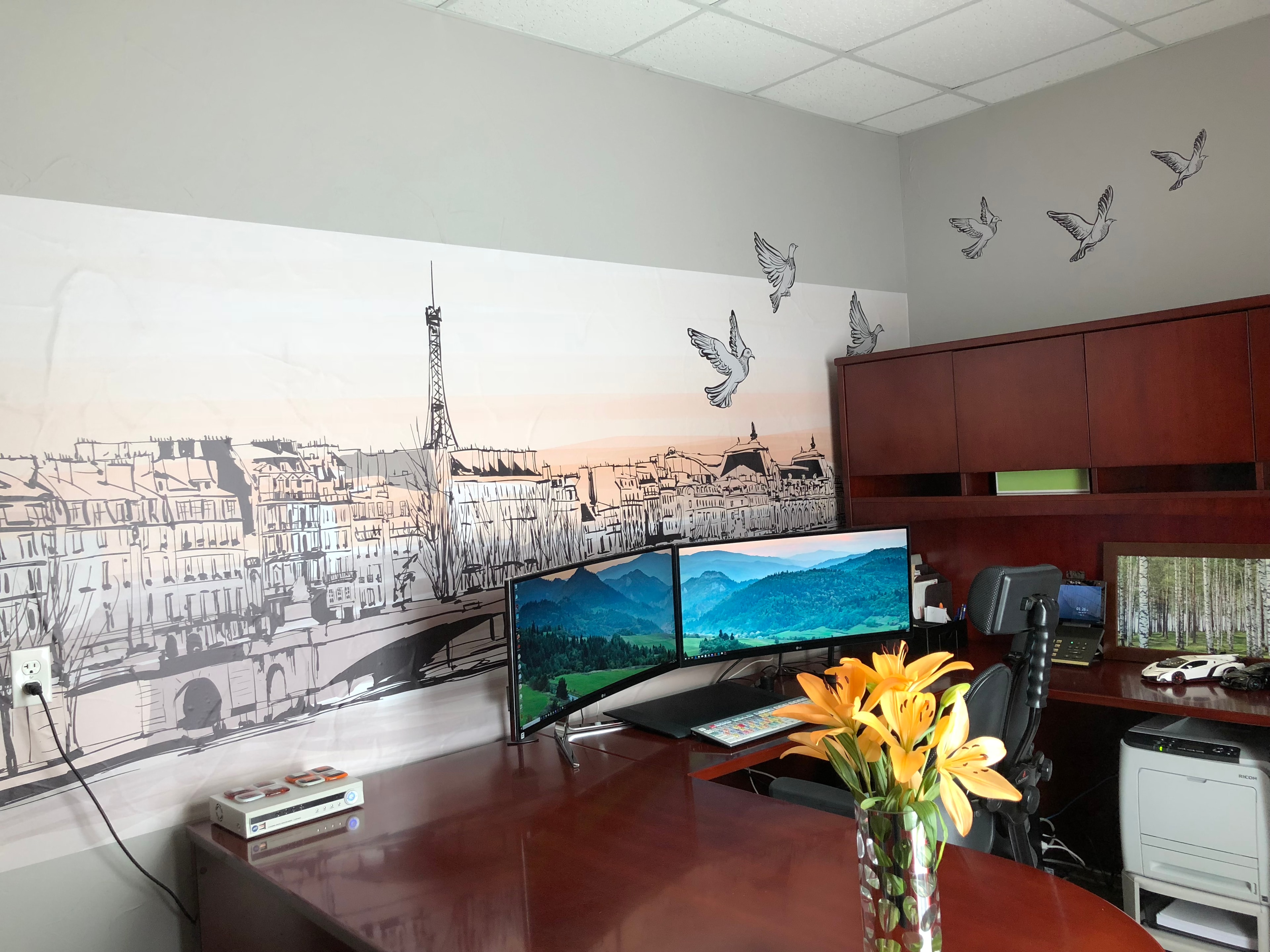 Office Paris skyline Eiffel Tower wall mural with dove graphics by Architectural Wraps North Texas