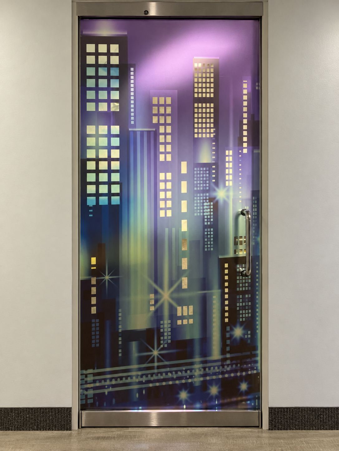 Printed frosted glass door wrap with illuminated city skyline graphic by Architectural Wraps North Texas