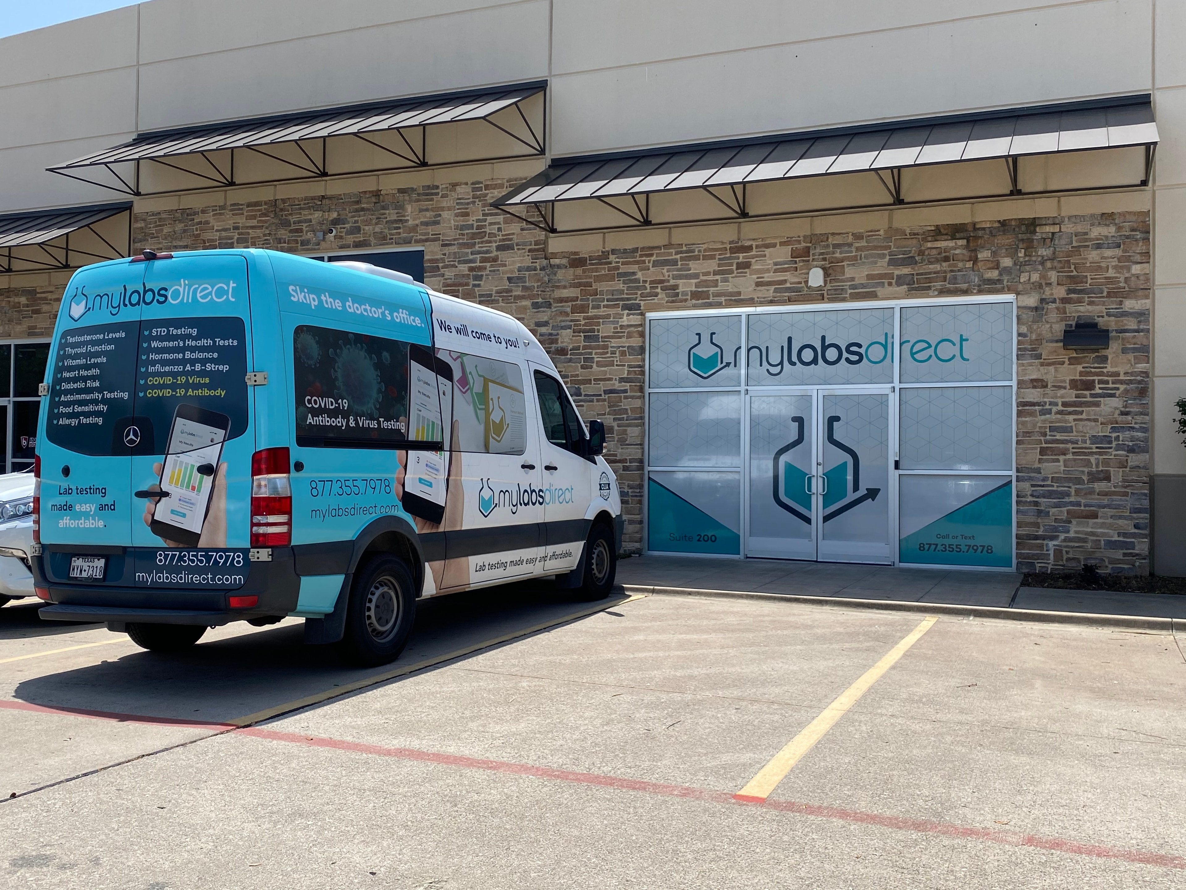 MyLabs Direct storefront window graphics and branded Mercedes Sprinter van wrap by Architectural Wraps